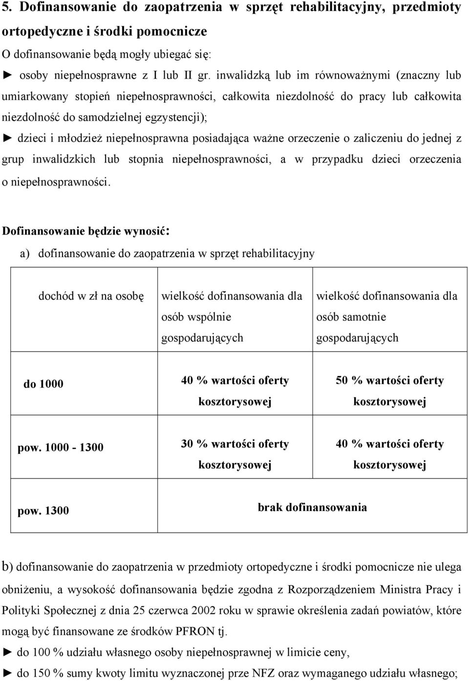 a) dofinansowanie do zaopatrzenia w sprzęt rehabilitacyjny dochód w zł na osobę osób wspólnie do 1000 40 % wartości oferty 50 % wartości oferty pow.