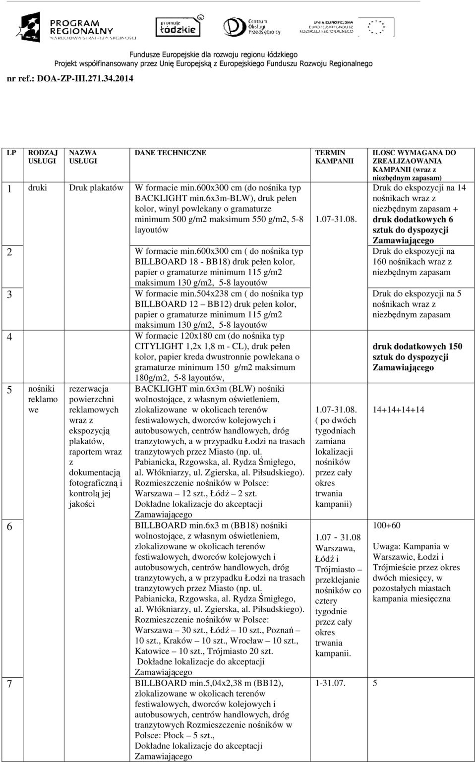 600x300 cm ( do nośnika typ BILLBOARD 18 - BB18) druk pełen kolor, papier o gramaturze minimum 115 g/m2 maksimum 130 g/m2, 5-8 layoutów 3 W formacie min.