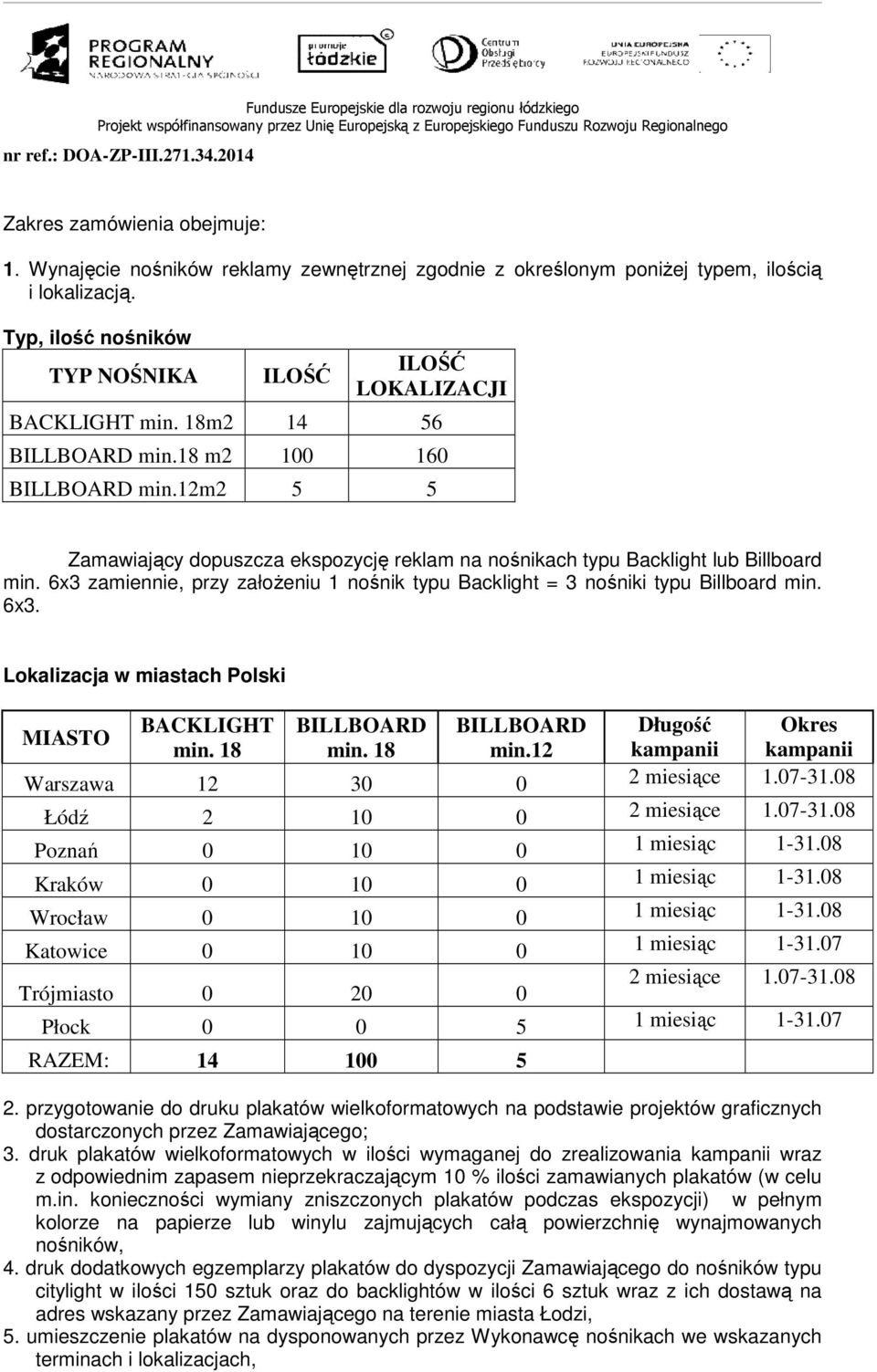 6x3 zamiennie, przy założeniu 1 nośnik typu Backlight = 3 nośniki typu Billboard min. 6x3. Lokalizacja w miastach Polski BACKLIGHT BILLBOARD BILLBOARD Długość Okres MIASTO min. 18 min.