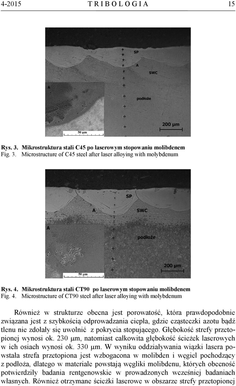 Microstructure of CT90 steel after laser alloying with molybdenum Również w strukturze obecna jest porowatość, która prawdopodobnie związana jest z szybkością odprowadzania ciepła, gdzie cząsteczki