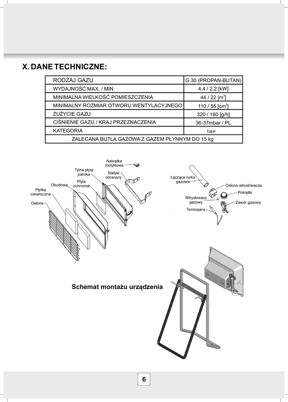 (PROPAN-BUTAN) 4,4 / 2,2 [kw] 3 44 / 22 [m ] 2 110 / 55 [cm ] 320 / 160 [g/h] 36-37mbar / PL ZALECANA BUTLA GAZOWA Z GAZEM PŁYNNYM DO 15 kg