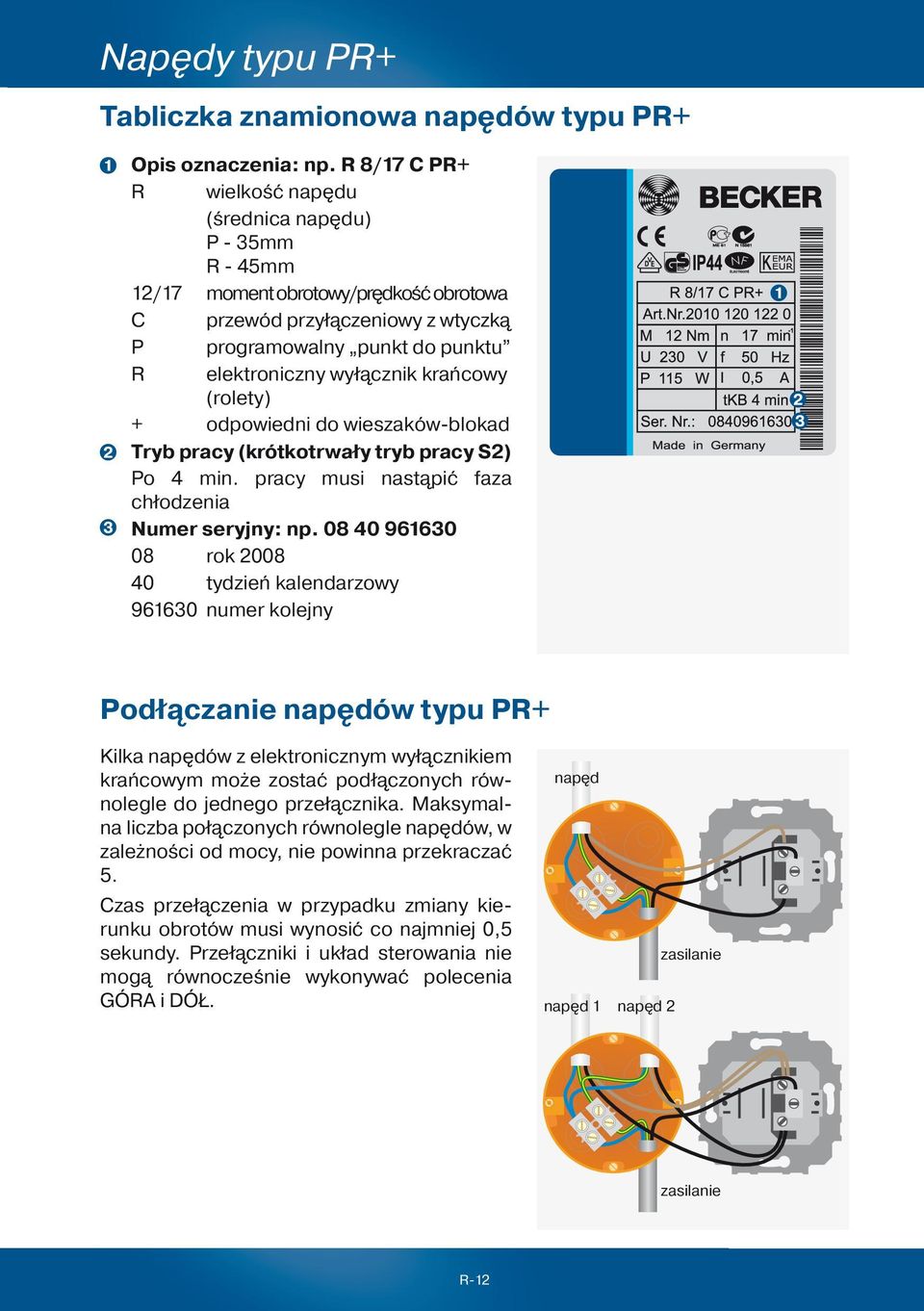 krańcowy (rolety) + odpowiedni do wieszaków-blokad Tryb pracy (krótkotrwały tryb pracy S2) Po 4 min. pracy musi nastąpić faza chłodzenia Numer seryjny: np.