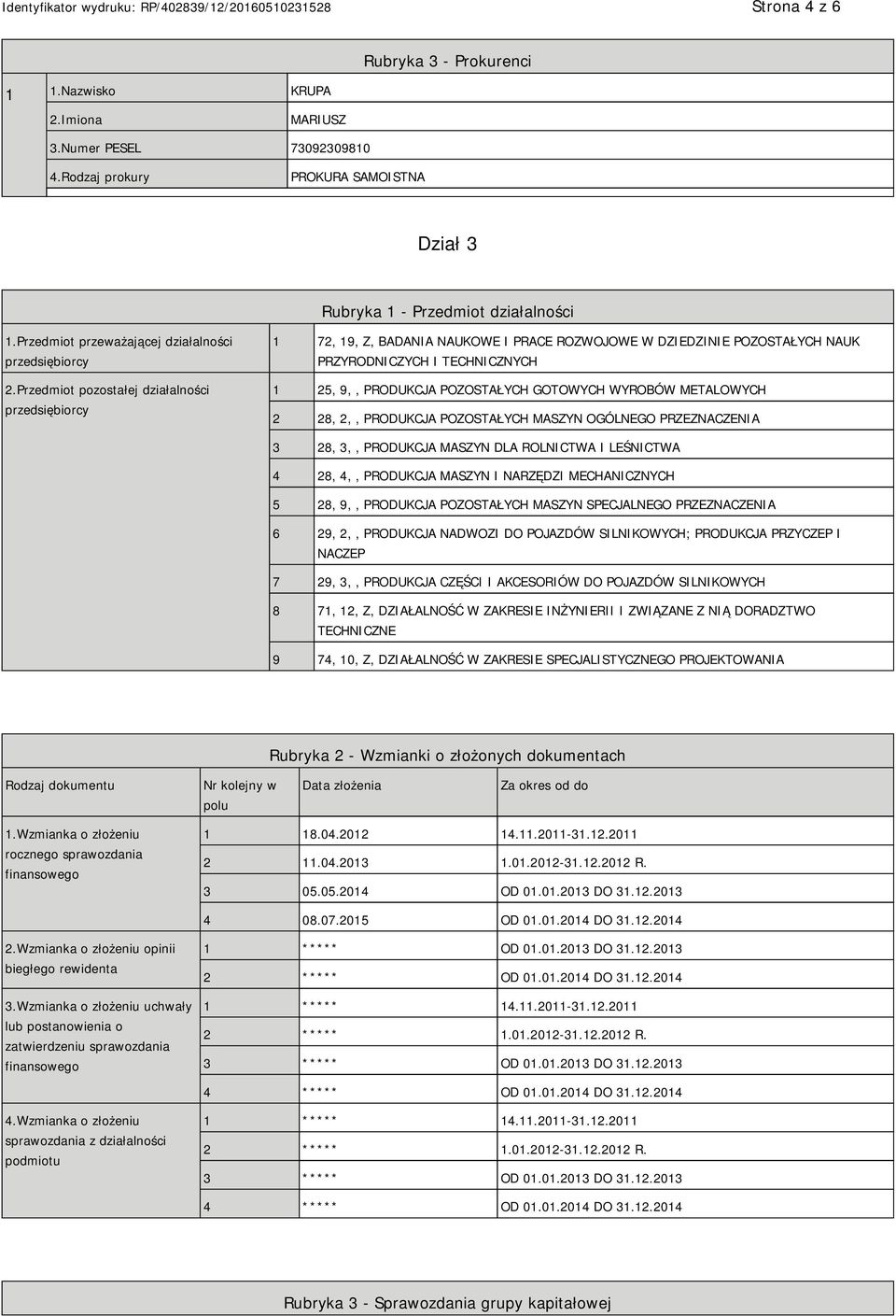 Przedmiot pozostałej działalności przedsiębiorcy 1 72, 19, Z, BADANIA NAUKOWE I PRACE ROZWOJOWE W DZIEDZINIE POZOSTAŁYCH NAUK PRZYRODNICZYCH I TECHNICZNYCH 1 25, 9,, PRODUKCJA POZOSTAŁYCH GOTOWYCH