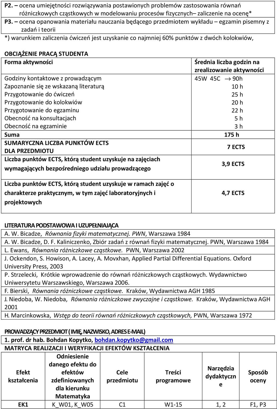 PRACĄ STUDENTA Forma aktywności Godziny kontaktowe z prowadzącym Zapoznanie się ze wskazaną literaturą Przygotowanie do ćwiczeń Przygotowanie do kolokwiów Przygotowanie do egzaminu Obecność na