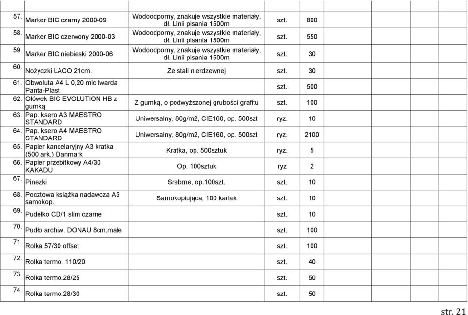 Obwoluta A4 L 0,20 mic twarda Panta-Plast szt. 500 62. Ołówek BIC EVOLUTION HB z gumką Z gumką, o podwyższonej grubości grafitu szt. 100 63. Pap.