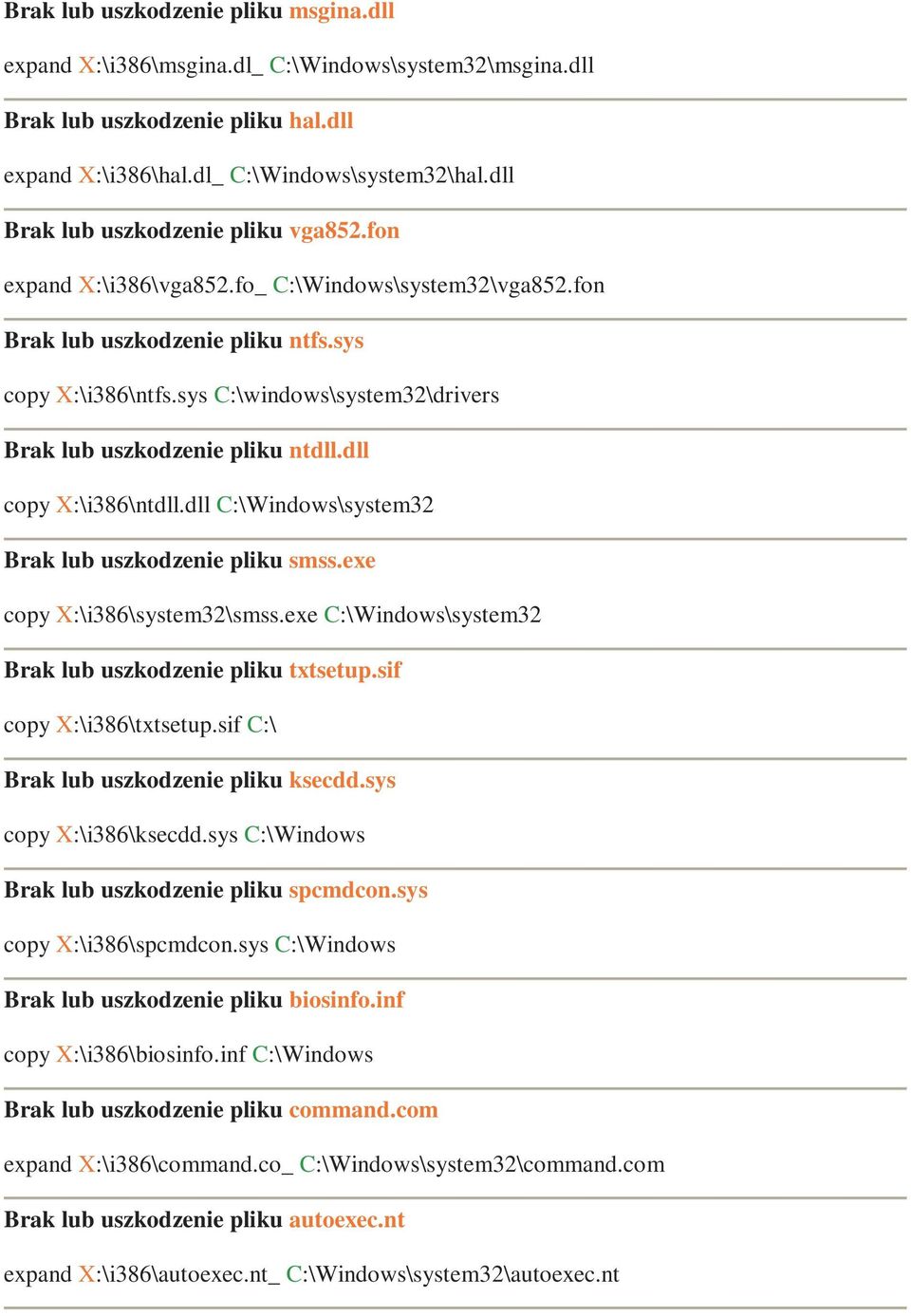 sys C:\windows\system32\drivers Brak lub uszkodzenie pliku ntdll.dll copy X:\i386\ntdll.dll C:\Windows\system32 Brak lub uszkodzenie pliku smss.exe copy X:\i386\system32\smss.