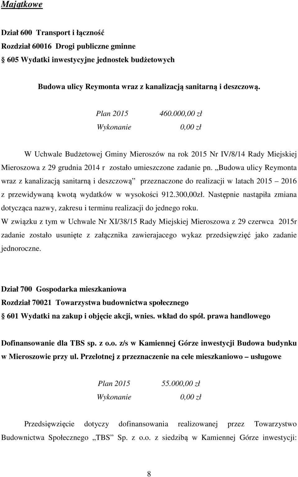 Budowa ulicy Reymonta wraz z kanalizacją sanitarną i deszczową przeznaczone do realizacji w latach 2015 2016 z przewidywaną kwotą wydatków w wysokości 912.300,00zł.