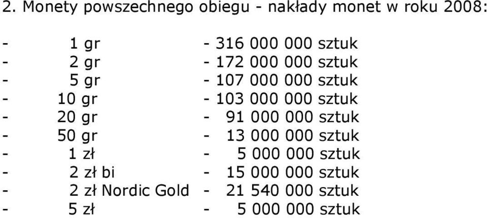 sztuk - 20 gr - 91 000 000 sztuk - 50 gr - 13 000 000 sztuk - 1 zł - 5 000 000