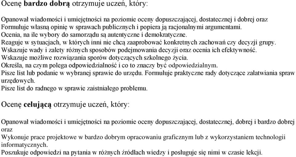 Wskazuje wady i zalety różnych sposobów podejmowania decyzji oraz ocenia ich efektywność. Wskazuje możliwe rozwiązania sporów dotyczących szkolnego życia.