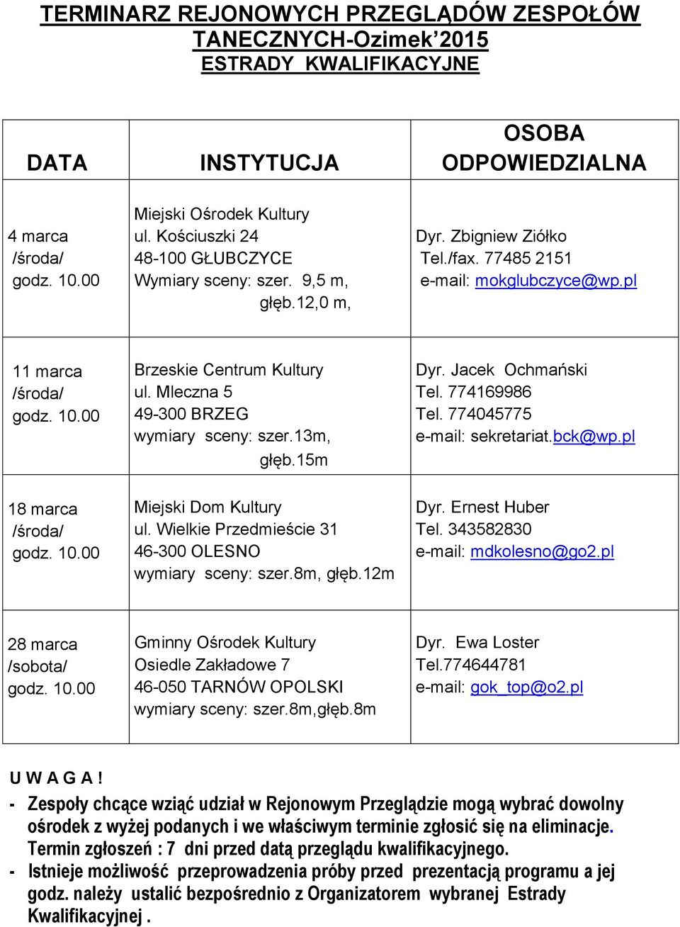 Mleczna 5 49-300 BRZEG wymiary sceny: szer.13m, głęb.15m Dyr. Jacek Ochmański Tel. 774169986 Tel. 774045775 e-mail: sekretariat.bck@wp.pl 18 marca /środa/ godz. 10.00 Miejski Dom Kultury ul.