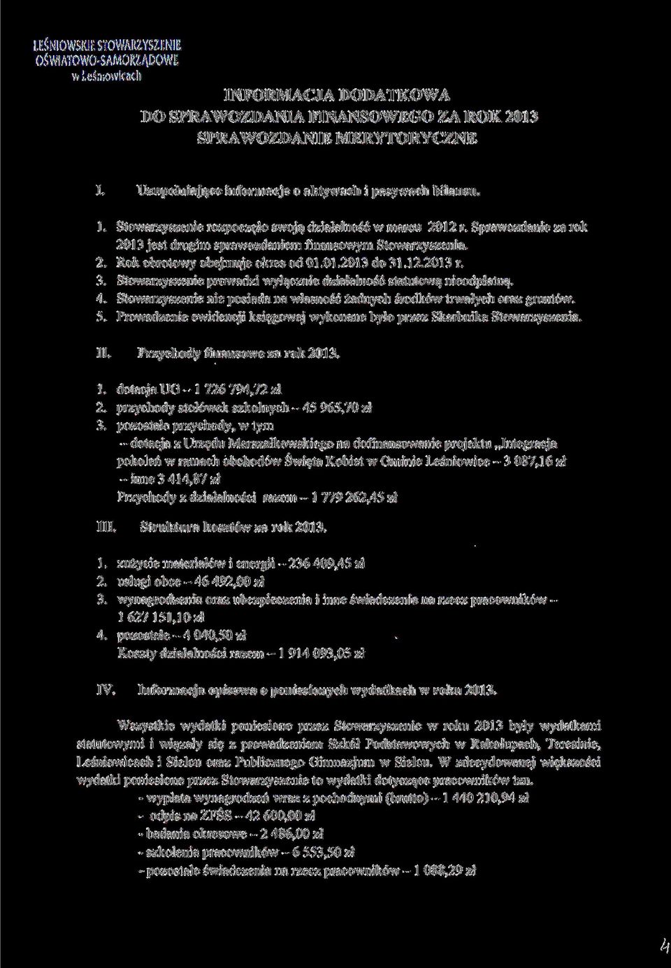 3. Stowarzyszenie prowadzi wyłącznie działalność statutową nieodpłatną. 4. Stowarzyszenie nie posiada na własność żadnych środków trwałych oraz gruntów. 5.