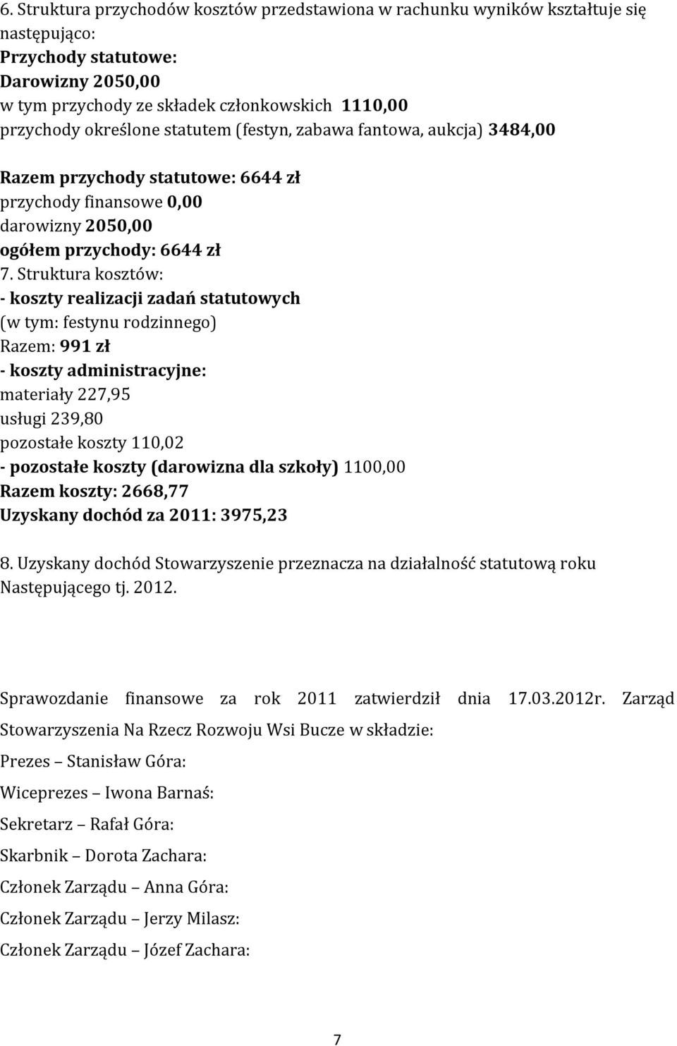 Struktura kosztów: - koszty realizacji zadań statutowych (w tym: festynu rodzinnego) Razem: 991 zł - koszty administracyjne: materiały 227,95 usługi 239,80 pozostałe koszty 110,02 - pozostałe koszty