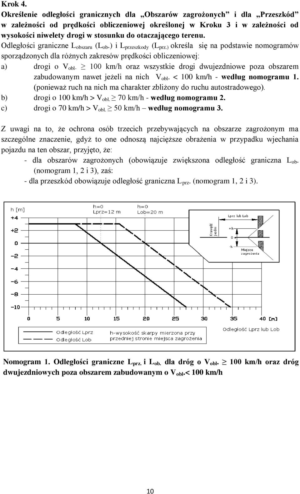 otaczającego terenu. Odległości graniczne L obszaru (L ob.) i L przeszkody (L prz.) określa się na podstawie nomogramów sporządzonych dla różnych zakresów prędkości obliczeniowej: a) drogi o V obl.