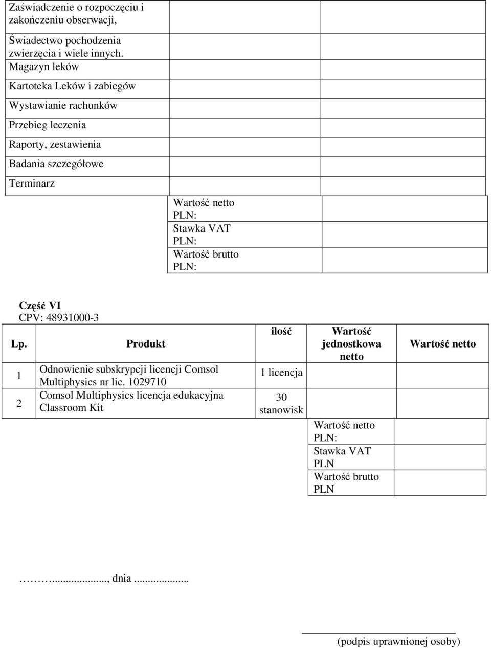 Terminarz Część VI CPV: 4893000-3 Lp. 2 Produkt Odnowienie subskrypcji licencji Comsol Multiphysics nr lic.