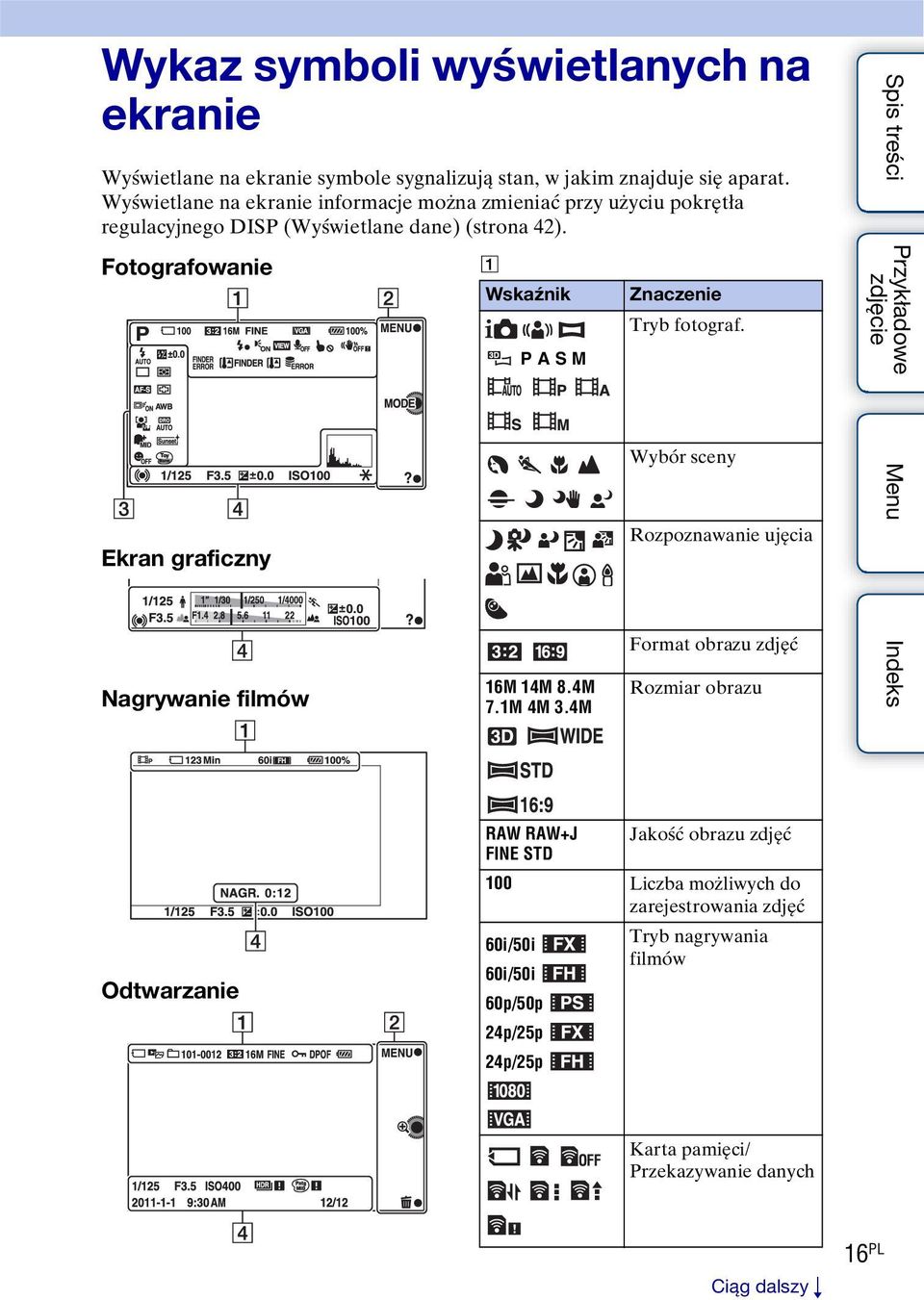 Fotografowanie A Wskaźnik P A S M Znaczenie Tryb fotograf. Ekran graficzny Nagrywanie filmów 16M 14M 8.4M 7.1M 4M 3.