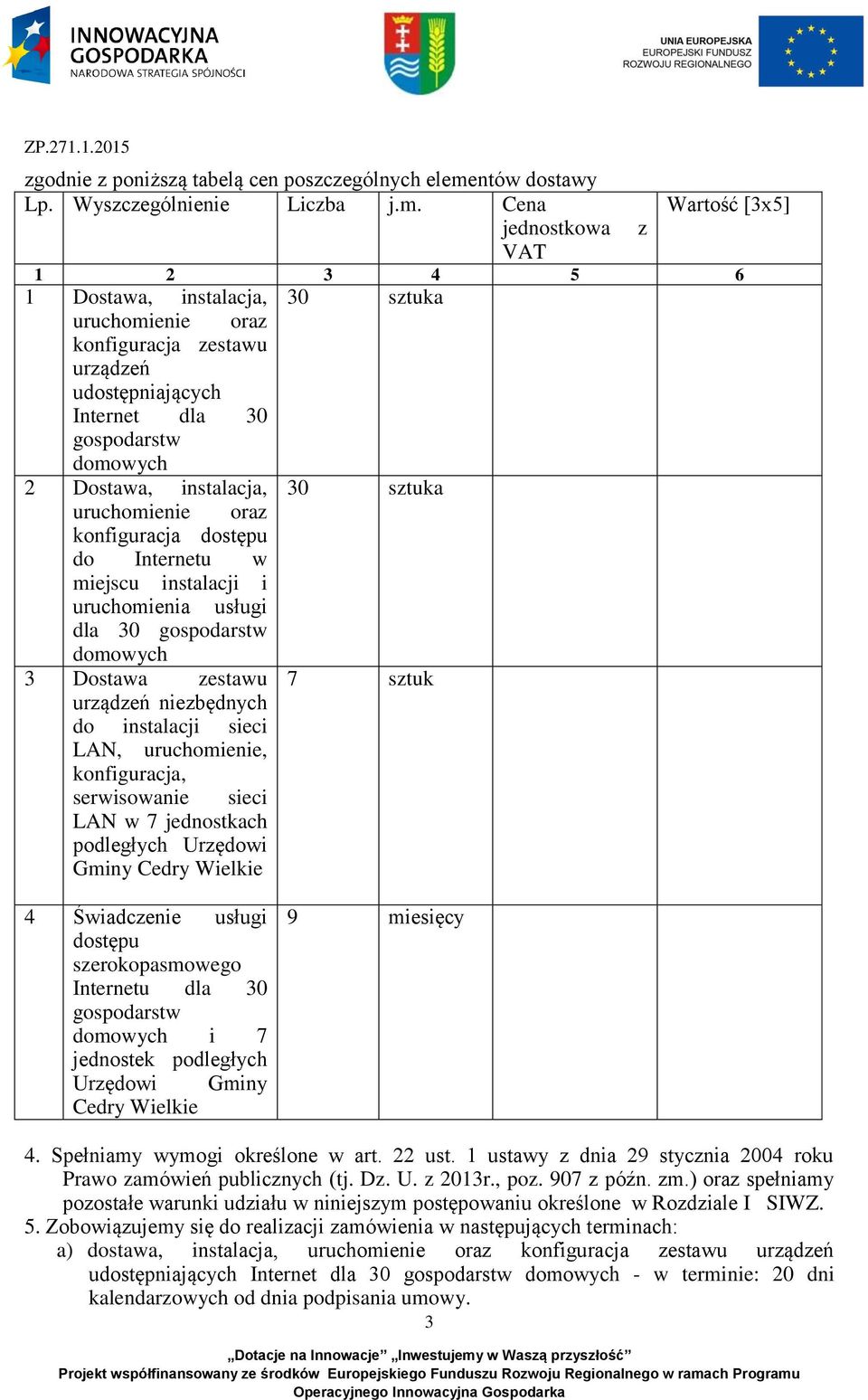 Cena jednostkowa VAT z Wartość [3x5] 1 2 3 4 5 6 1 Dostawa, instalacja, uruchomienie oraz konfiguracja zestawu urządzeń udostępniających Internet dla 30 gospodarstw domowych 2 Dostawa, instalacja,