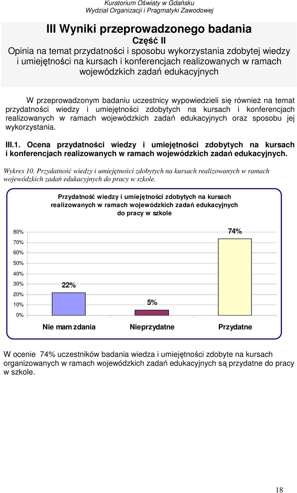 edukacyjnych oraz sposobu jej wykorzystania. III.1. Ocena przydatności wiedzy i umiejętności zdobytych na kursach i konferencjach realizowanych w ramach wojewódzkich zadań edukacyjnych. Wykres 10.