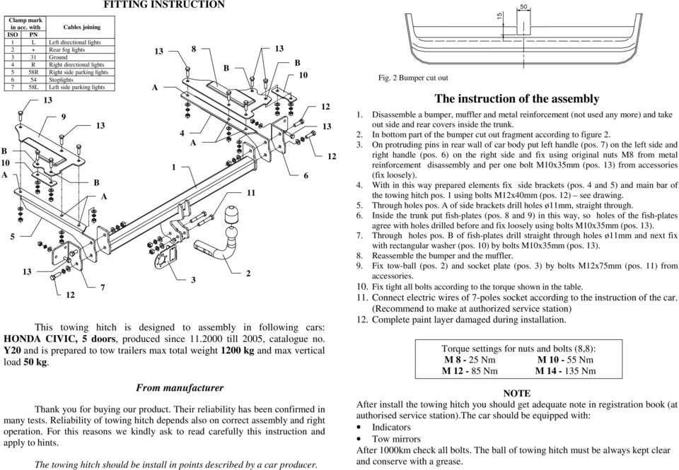 7 This towing hitch is designed to assembly in following cars: HOND CIVIC, 5 doors, produced since 11.2000 till 2005, catalogue no.