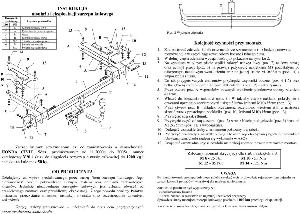 , numer katalogowy Y20 i słuŝy do ciągnięcia przyczep o masie całkowitej do 00 kg i nacisku na kulę max 50 kg. OD PRODUCENT Dziękujemy za wybór produkowanego przez naszą firmę zaczepu kulowego.