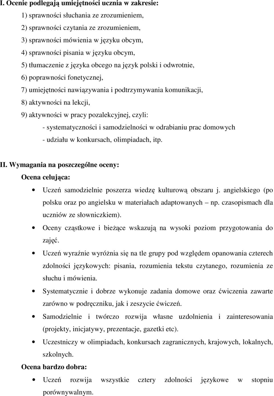 w pracy pozalekcyjnej, czyli: - systematyczności i samodzielności w odrabianiu prac domowych - udziału w konkursach, olimpiadach, itp. II.