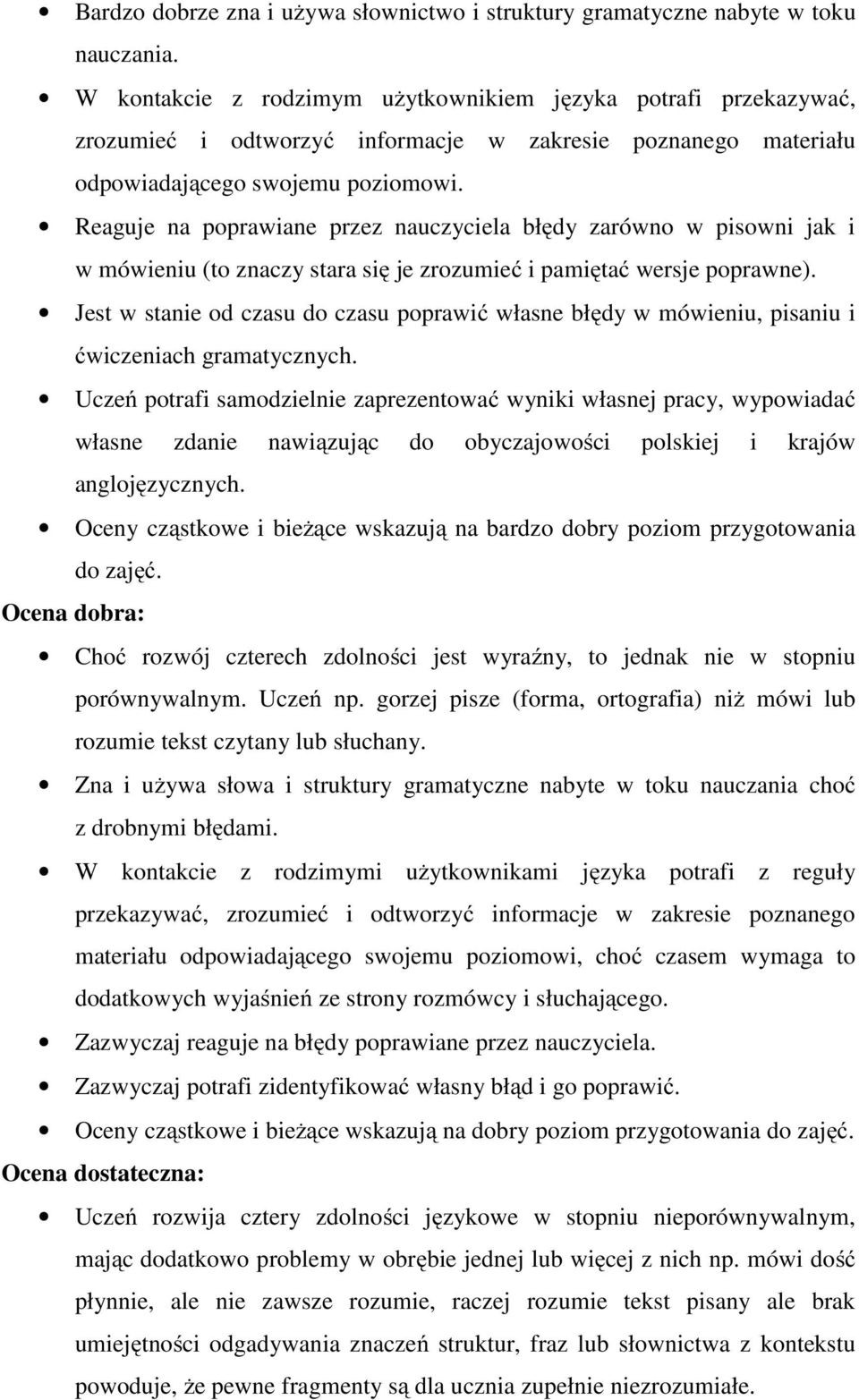 Reaguje na poprawiane przez nauczyciela błędy zarówno w pisowni jak i w mówieniu (to znaczy stara się je zrozumieć i pamiętać wersje poprawne).