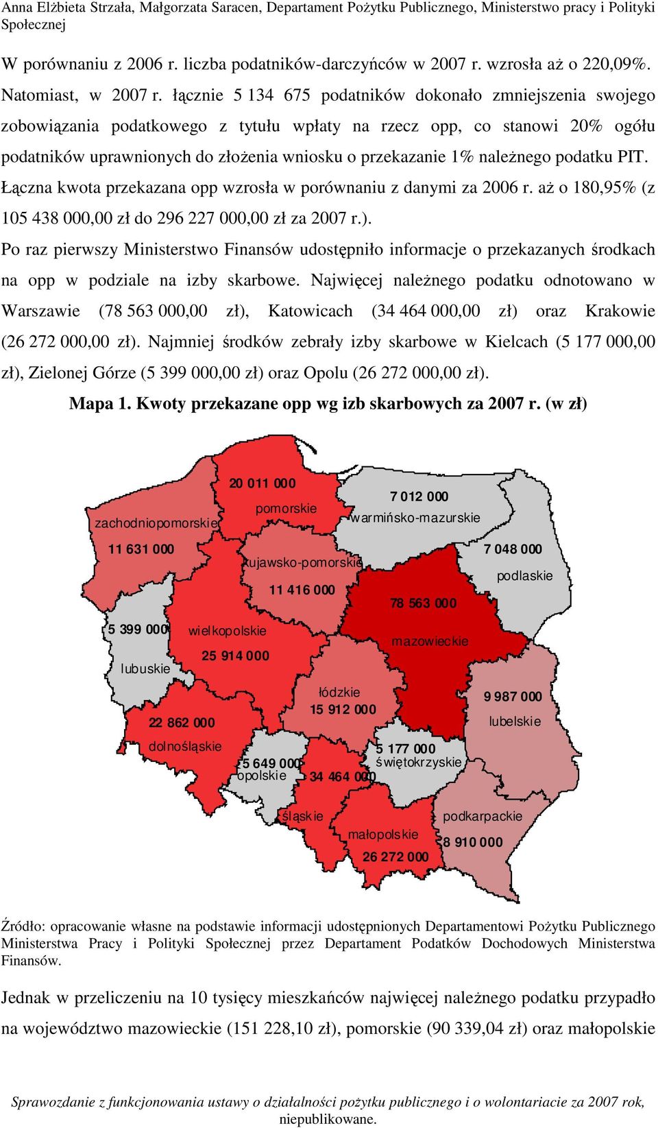 naleŝnego podatku PIT. Łączna przekazana opp wzrosła w porównaniu z danymi za 2006 r. aŝ o 180,95% (z 105 438 000,00 zł do 296 227 000,00 zł za 2007 r.).