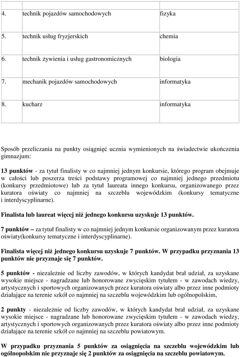 obejmuje w całości lub poszerza treści podstawy programowej co najmniej jednego przedmiotu (konkursy przedmiotowe) lub za tytuł laureata innego konkursu, organizowanego przez kuratora oświaty co