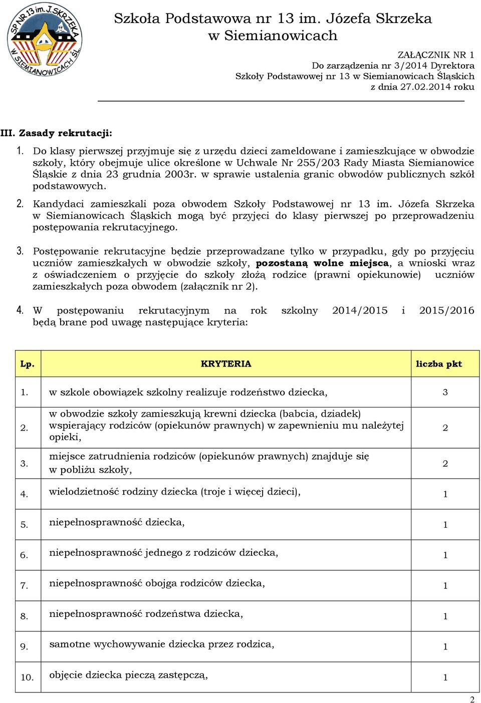 003r. w sprawie ustalenia granic obwodów publicznych szkół podstawowych.. Kandydaci zamieszkali poza obwodem Szkoły Podstawowej nr 13 im.