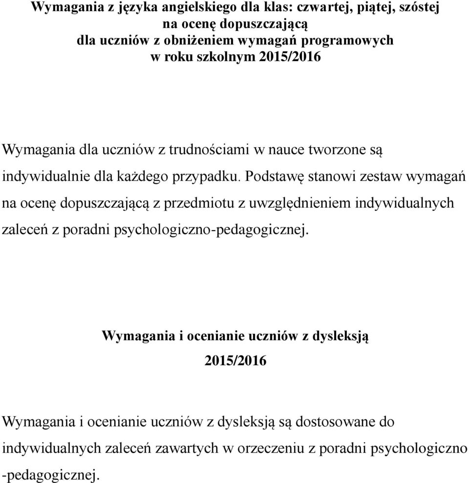 Podstawę stanowi zestaw wymagań na ocenę dopuszczającą z przedmiotu z uwzględnieniem indywidualnych zaleceń z poradni psychologiczno-pedagogicznej.