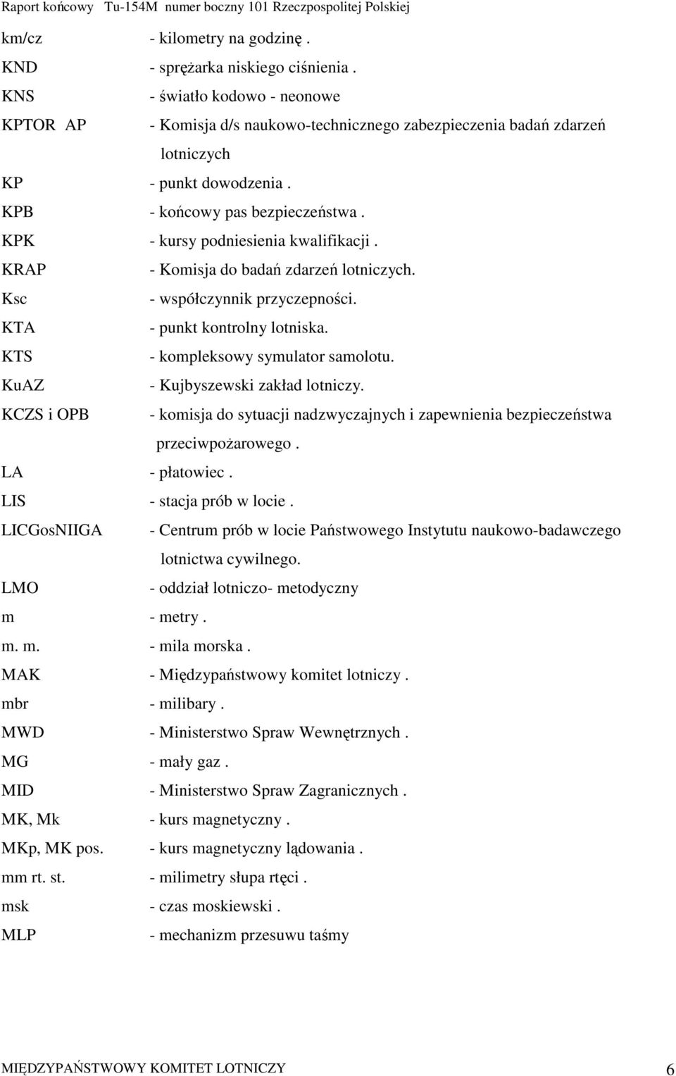 KPK - kursy podniesienia kwalifikacji. KRAP - Komisja do badań zdarzeń lotniczych. Ksc - współczynnik przyczepności. KTA - punkt kontrolny lotniska. KTS - kompleksowy symulator samolotu.