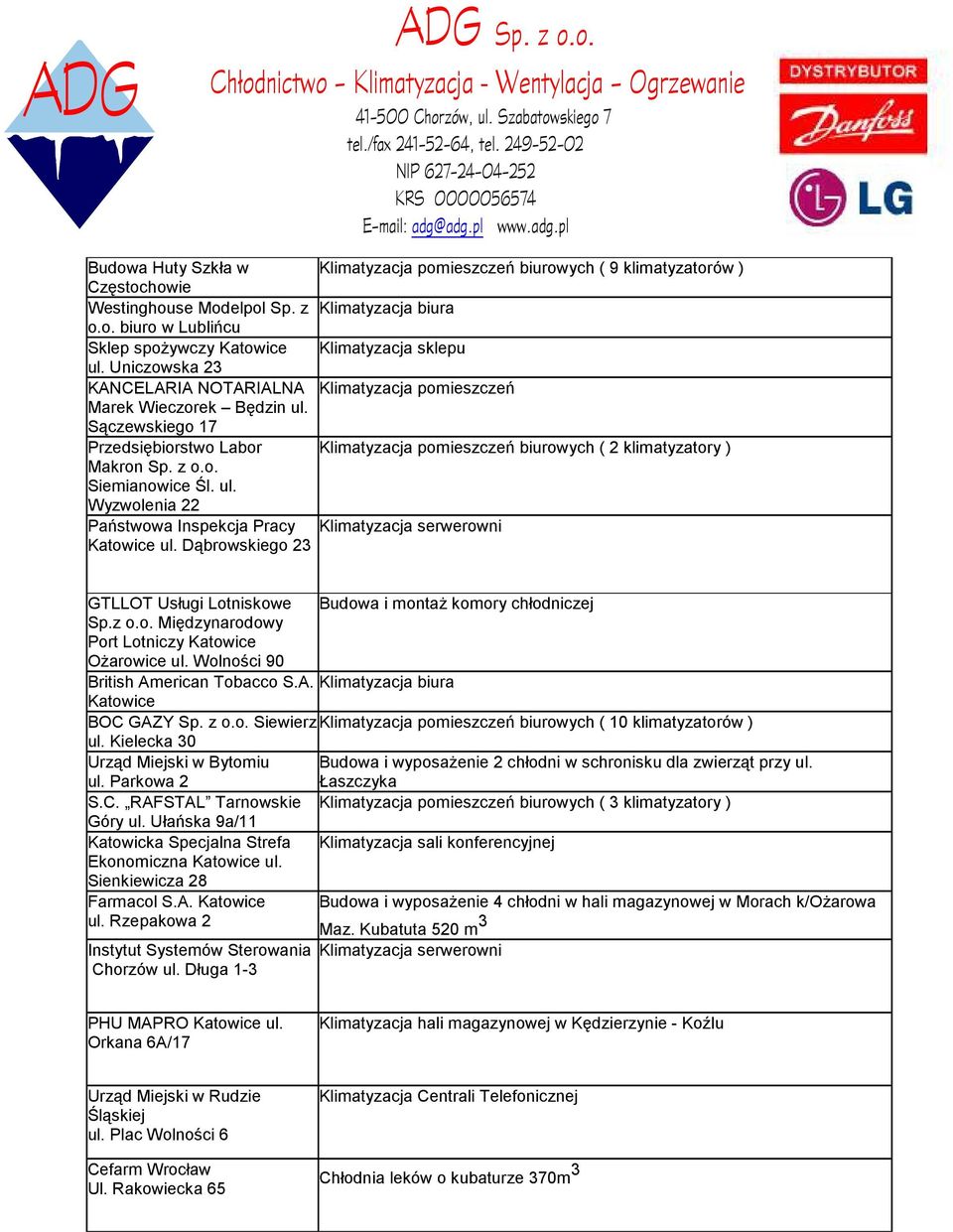 ul. Wyzwolenia 22 Państwowa Inspekcja Pracy Klimatyzacja serwerowni Katowice ul. Dąbrowskiego 23 GTLLOT Usługi Lotniskowe Budowa i montaŝ komory chłodniczej Sp.z o.o. Międzynarodowy Port Lotniczy Katowice OŜarowice ul.