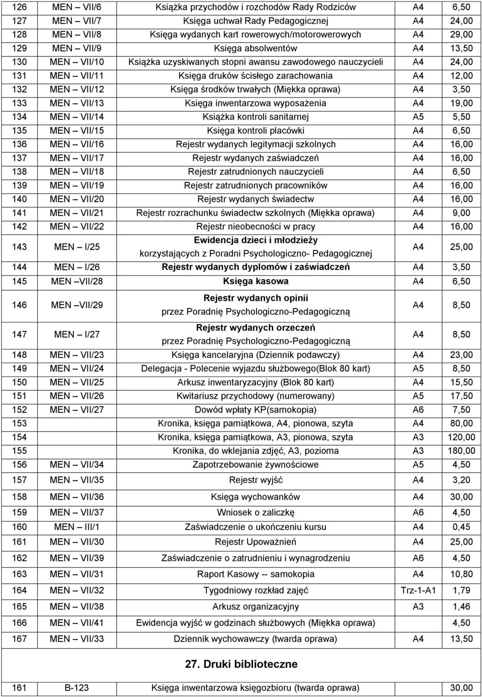 Księga środków trwałych (Miękka oprawa) A4 3,50 133 MEN VII/13 Księga inwentarzowa wyposażenia A4 19,00 134 MEN VII/14 Książka kontroli sanitarnej A5 5,50 135 MEN VII/15 Księga kontroli placówki A4