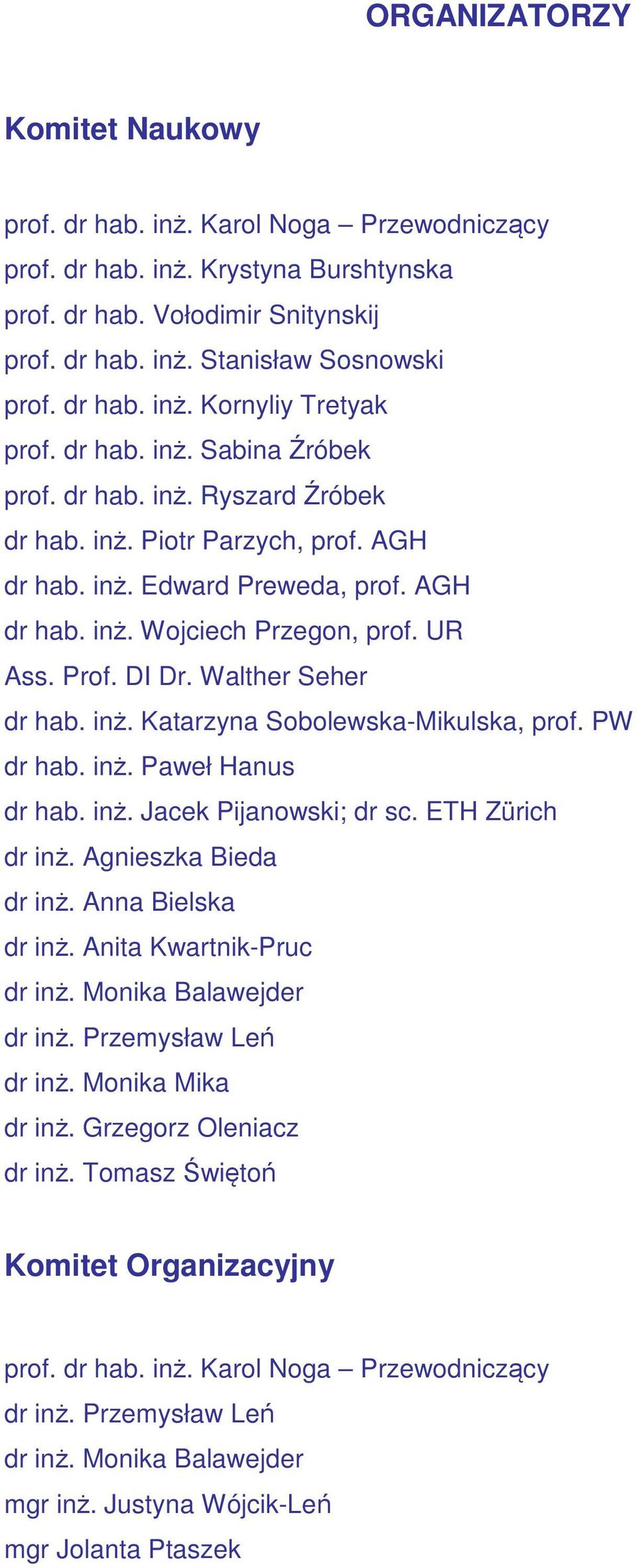 UR Ass. Prof. DI Dr. Walther Seher dr hab. inż. Katarzyna Sobolewska-Mikulska, prof. PW dr hab. inż. Paweł Hanus dr hab. inż. Jacek Pijanowski; dr sc. ETH Zürich dr inż. Agnieszka Bieda dr inż.