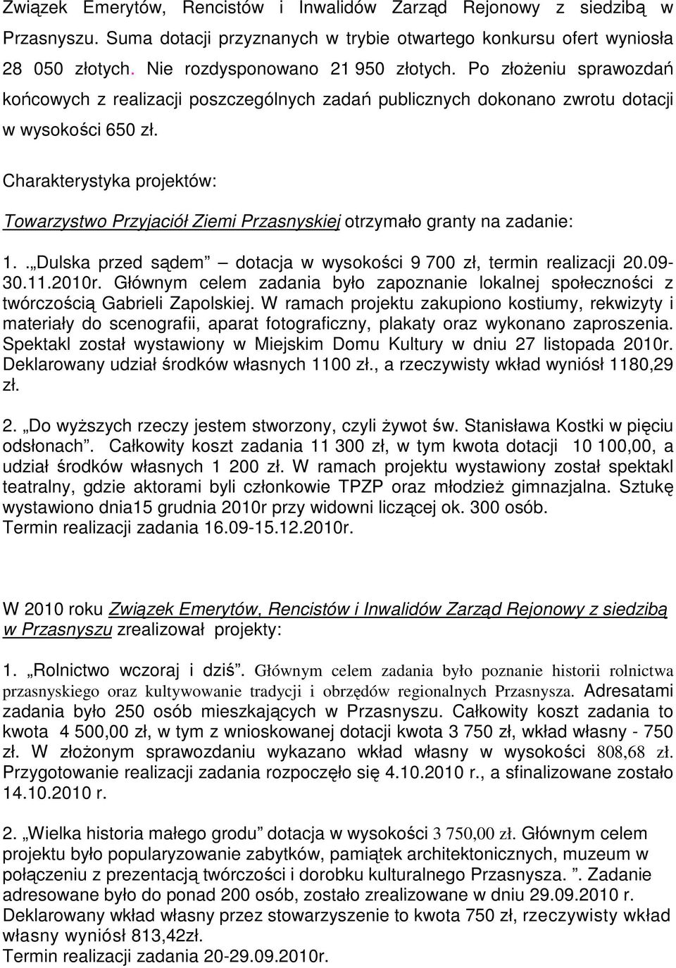 Charakterystyka projektów: Towarzystwo Przyjaciół Ziemi Przasnyskiej otrzymało granty na zadanie: 1.. Dulska przed sądem dotacja w wysokości 9 700 zł, termin realizacji 20.09-30.11.2010r.