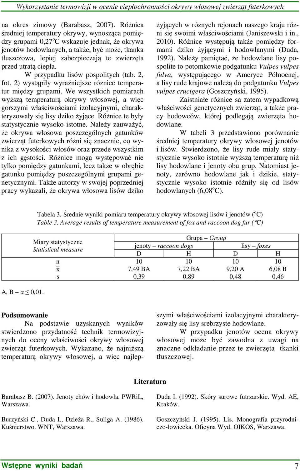 utratą ciepła. W przypadku lisów pospolitych (tab. 2, fot. 2) wystąpiły wyraźniejsze różnice temperatur między grupami.