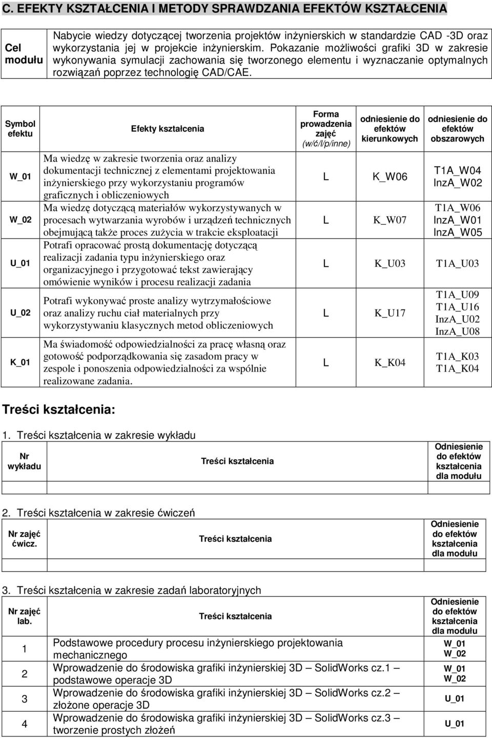 Symbol efektu K_0 Efekty Ma wiedzę w zakresie tworzenia oraz analizy dokumentacji technicznej z elementami projektowania inżynierskiego przy wykorzystaniu programów graficznych i obliczeniowych Ma