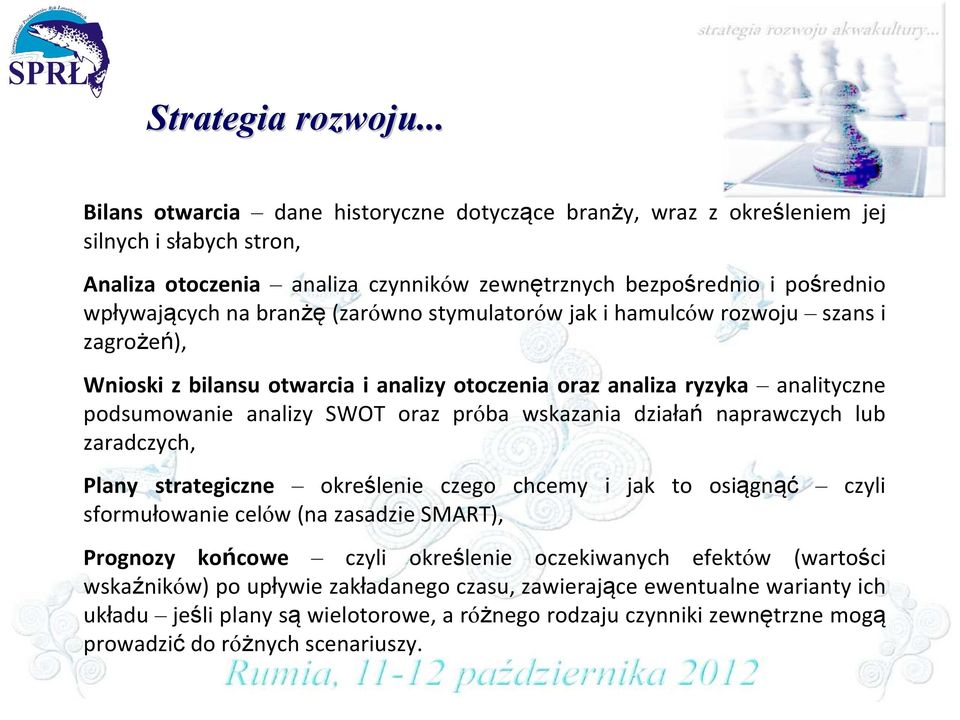 (zarówno stymulatorów jak i hamulców rozwoju szans i zagrożeń), Wnioski z bilansu otwarcia i analizy otoczenia oraz analiza ryzyka analityczne podsumowanie analizy SWOT oraz próba wskazania działań