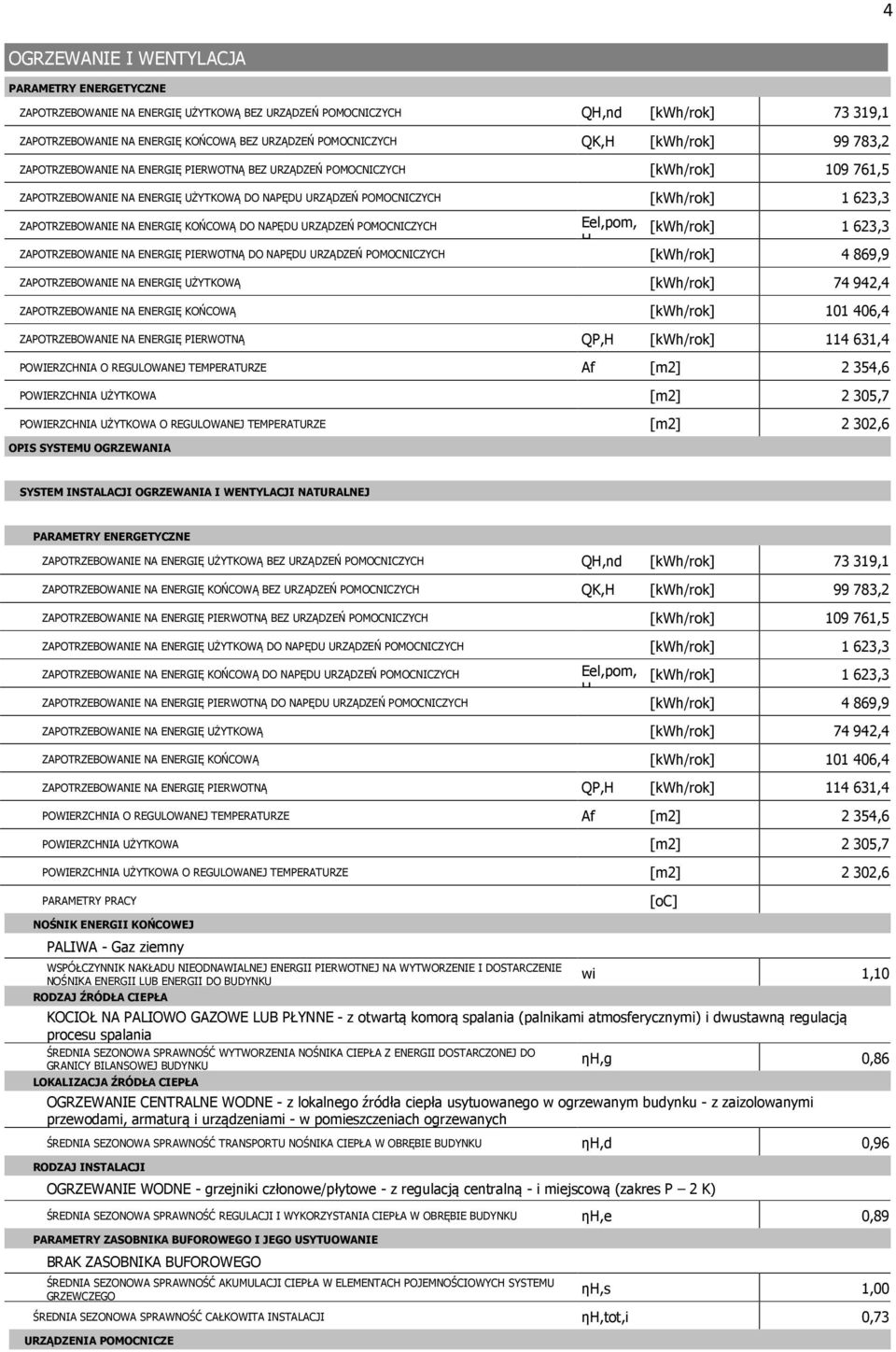 URZĄDZEŃ POMOCNICZYCH 4 869,9 ZAPOTRZEBOWANIE NA ENERGIĘ UŻYTKOWĄ 74 942,4 ZAPOTRZEBOWANIE NA ENERGIĘ KOŃCOWĄ 101 406,4 ZAPOTRZEBOWANIE NA ENERGIĘ PIERWOTNĄ,H 114 631,4 POWIERZCHNIA UŻYTKOWA O