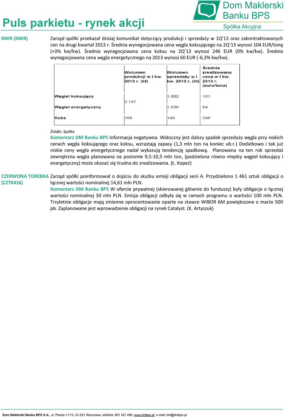 Średnia wynegocjowana cena węgla energetycznego na 2013 wynosi 60 EUR (-6,3% kw/kw). CZERWONA TOREBKA (CZT0416) Źródło: Spółka Komentarz DM Banku BPS Informacja negatywna.