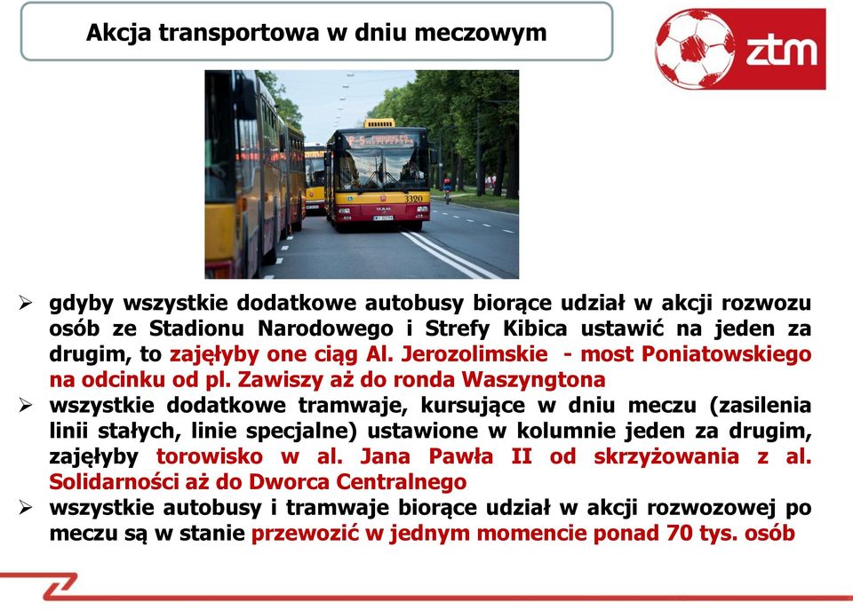 Zawiszy aż do ronda Waszyngtona wszystkie dodatkowe tramwaje, kursujące w dniu meczu (zasilenia linii stałych, linie specjalne) ustawione w kolumnie jeden za