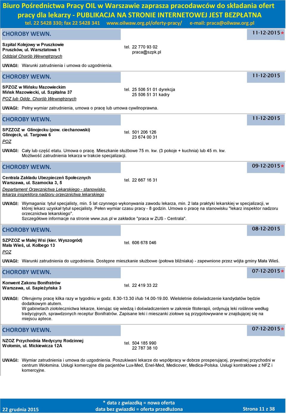 25 506 51 01 dyrekcja 25 506 51 31 kadry UWAGI: Pełny wymiar zatrudnienia, umowa o pracę lub umowa cywilnoprawna. SPZZOZ w Glinojecku (pow. ciechanowski) Glinojeck, ul. Targowa 6 tel.