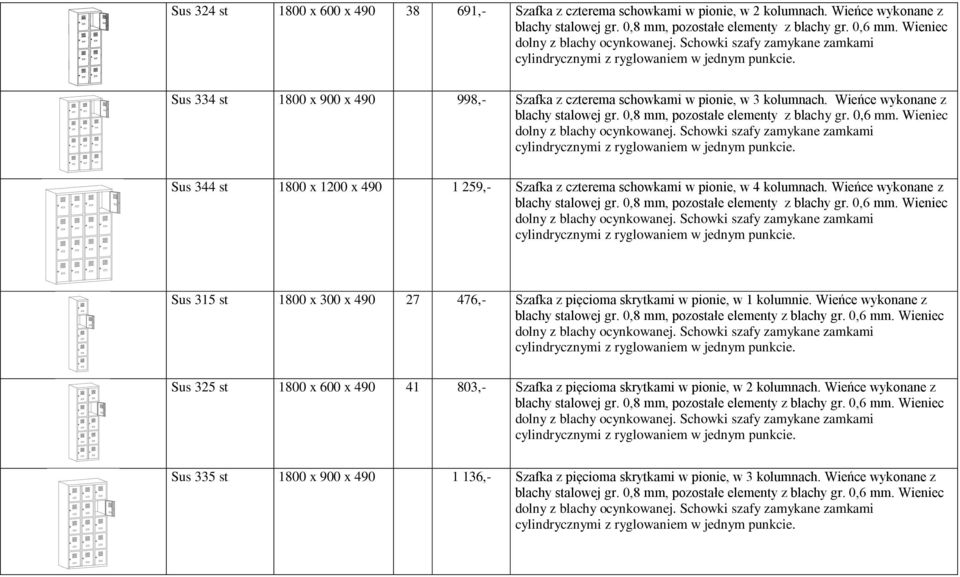 0,6 Wieniec Sus 344 st 1800 x 1200 x 490 1 259,- Szafka z czterema schowkami w pionie, w 4 kolumnach. Wieńce wykonane z blachy stalowej gr. 0,8 mm, pozostałe elementy z blachy gr.
