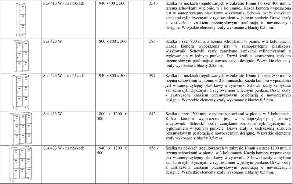 Wszystkie elementy szafy wykonane z blachy 0,5 Sus 423 W 1800 x 800 x 583,- Szafka o szer 800 mm, z trzema schowkami w pionie, w 2 kolumnach.
