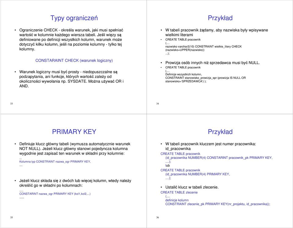 CONSTARAINT CHECK (warunek logiczny) Warunek logiczny musi być prosty - niedopuszczalne są podzapytania, ani funkcje, których wartość zależy od okoliczności wywołania np. SYSDATE.