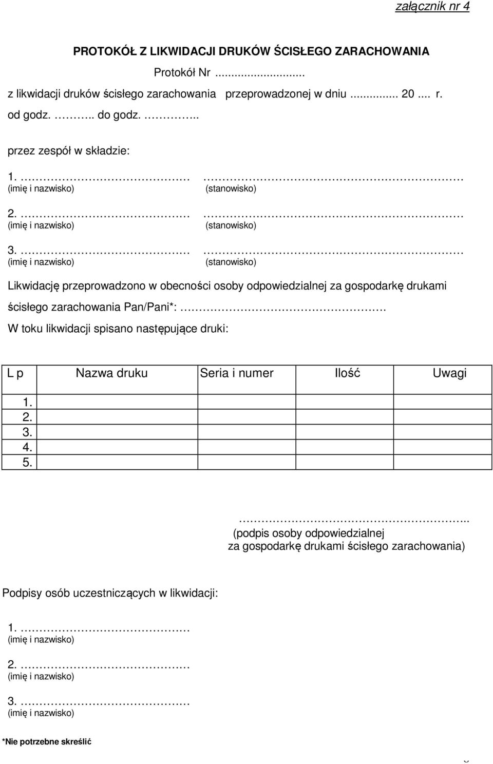 Likwidację przeprowadzono w obecności osoby odpowiedzialnej za gospodarkę drukami ścisłego zarachowania Pan/Pani*:.