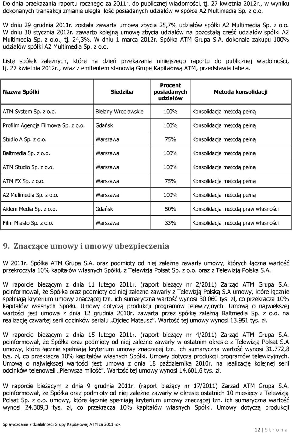 zawarto kolejną umowę zbycia udziałów na pozostałą cześć udziałów spółki A2 Multimedia Sp. z o.o., tj. 24,3%. W dniu 1 marca 2012r. Spółka ATM Grupa S.A. dokonała zakupu 100% udziałów spółki A2 Multimedia Sp.