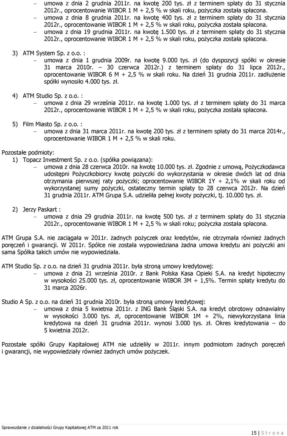 zł z terminem spłaty do 31 stycznia 2012r., oprocentowanie WIBOR 1 M + 2,5 % w skali roku, pożyczka została spłacona. 3) ATM System Sp. z o.o. : umowa z dnia 1 grudnia 2009r. na kwotę 9.000 tys.