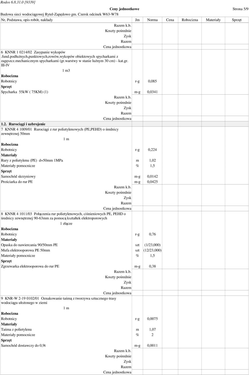 Rurociągi i uzbrojenie 7 KNNR 4 1009/01 Rurociągi z rur polietylenowych (PE,PEHD) o średnicy zewnętrznej 50mm 1 m Robotnicy r-g 0,224 Rury z polietylenu (PE) d=50mm 1MPa m 1,02 pomocnicze % 1,5