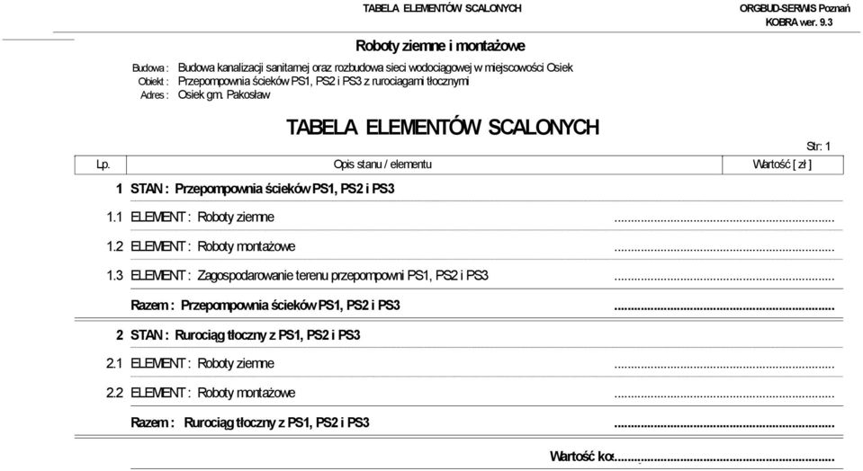 1 ELEMENT : Roboty ziemne 1.2 ELEMENT : Roboty montażowe 1.