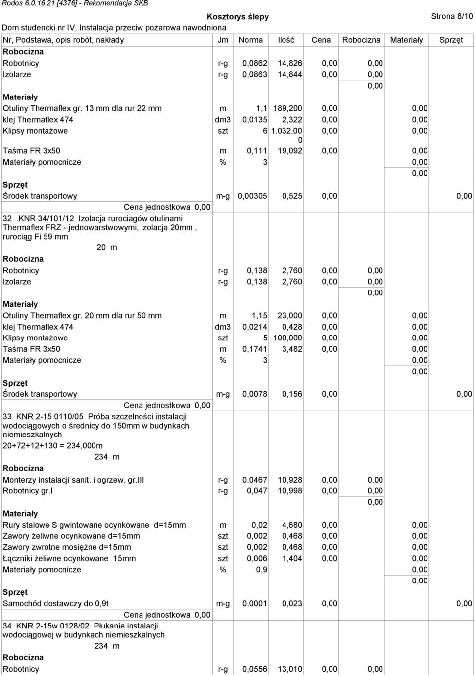 032,00 0 Taśma FR 3x50 m 0,111 19,092 pomocnicze % 3 Środek transportowy m-g 305 0,525 Cena jednostkowa 32.